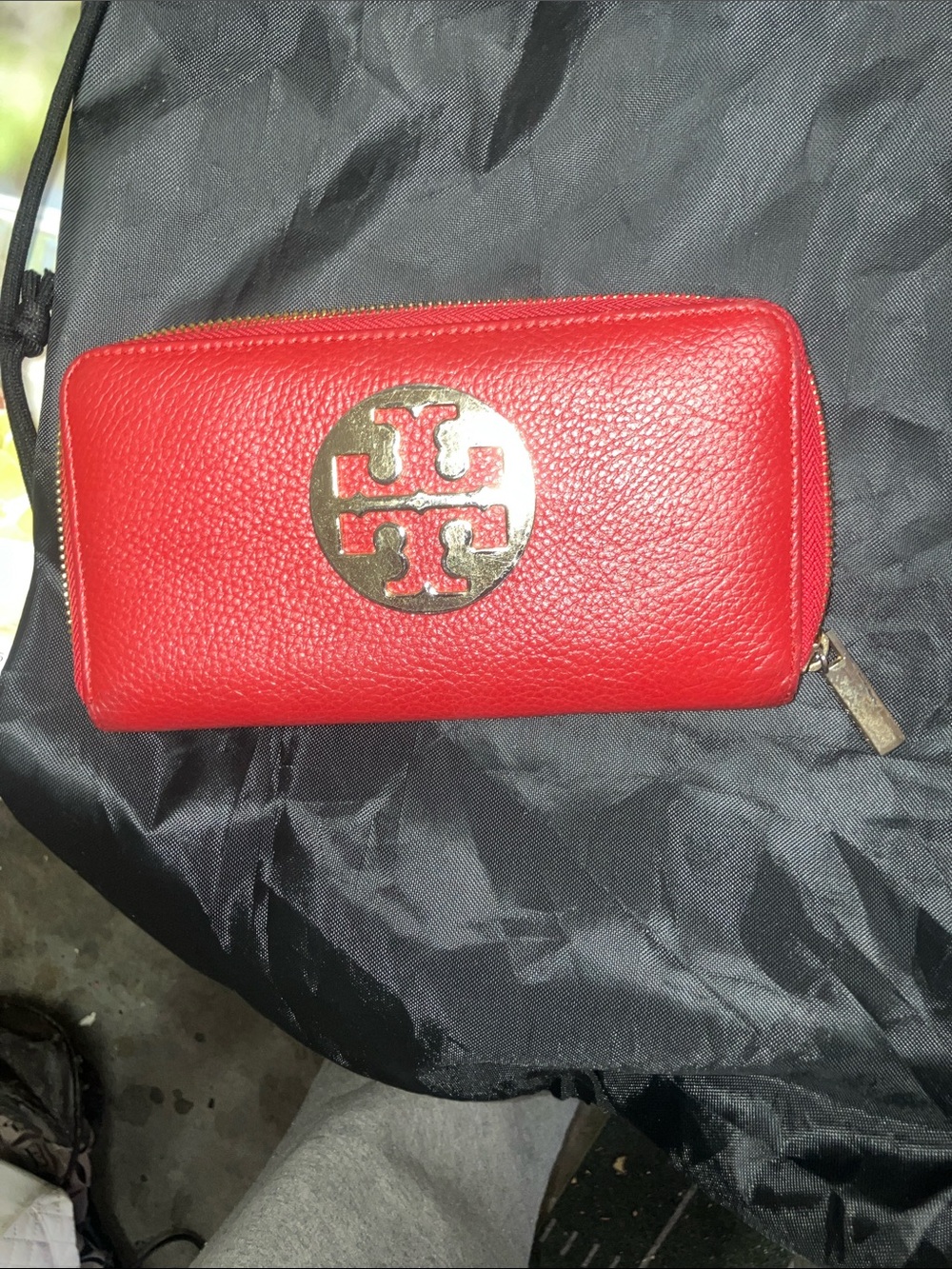 Tory Burch Red Pebbled Leather Zip-Around Wallet with Gold Logo